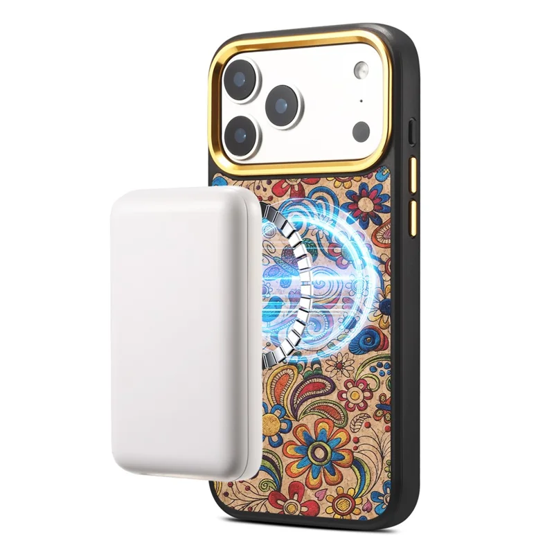DENIOR A28+1 For iPhone 17 Pro Max Magnetic Case with Golden Lens Frame Floral Embroidery Leather Back Phone Cover - Khaki