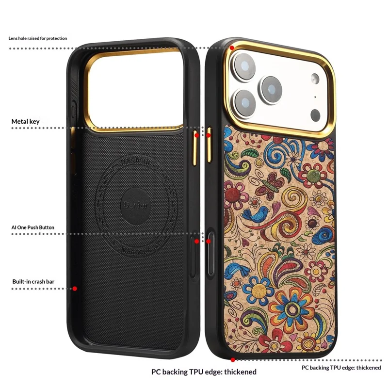 DENIOR A28+1 For iPhone 17 Pro Max Magnetic Case with Golden Lens Frame Floral Embroidery Leather Back Phone Cover - Khaki