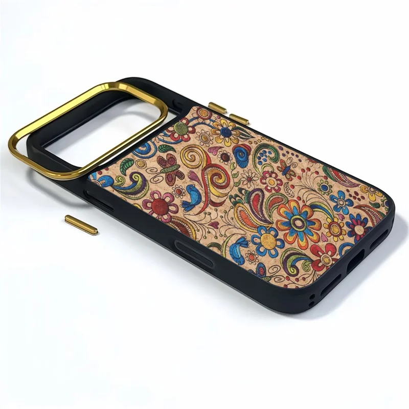 DENIOR A28+1 For iPhone 17 Pro Max Magnetic Case with Golden Lens Frame Floral Embroidery Leather Back Phone Cover - Khaki