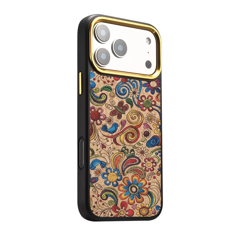 DENIOR A28+1 For iPhone 17 Pro Max Magnetic Case with Golden Lens Frame Floral Embroidery Leather Back Phone Cover - Khaki