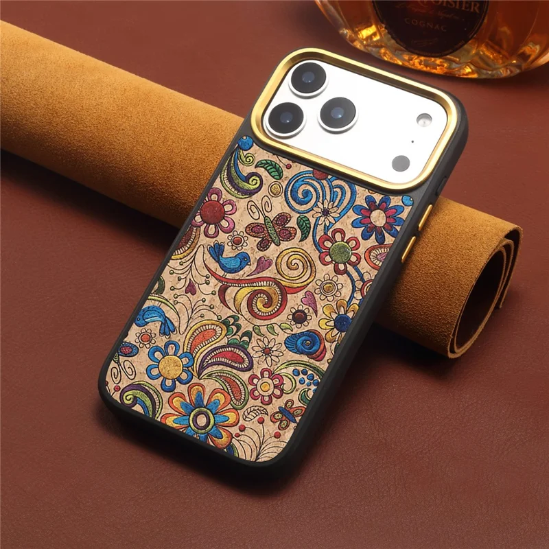 DENIOR A28+1 For iPhone 17 Pro Max Magnetic Case with Golden Lens Frame Floral Embroidery Leather Back Phone Cover - Khaki