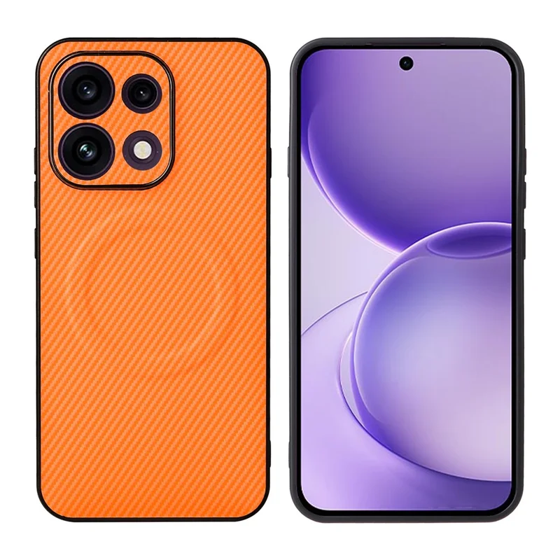 For Oppo Reno16 F 5G  /  Reno16 FS 5G Case Carbon Fiber Texture Leather Coated TPU PC Phone Cover with Metal Ring for Magnetic Car Mount - Orange