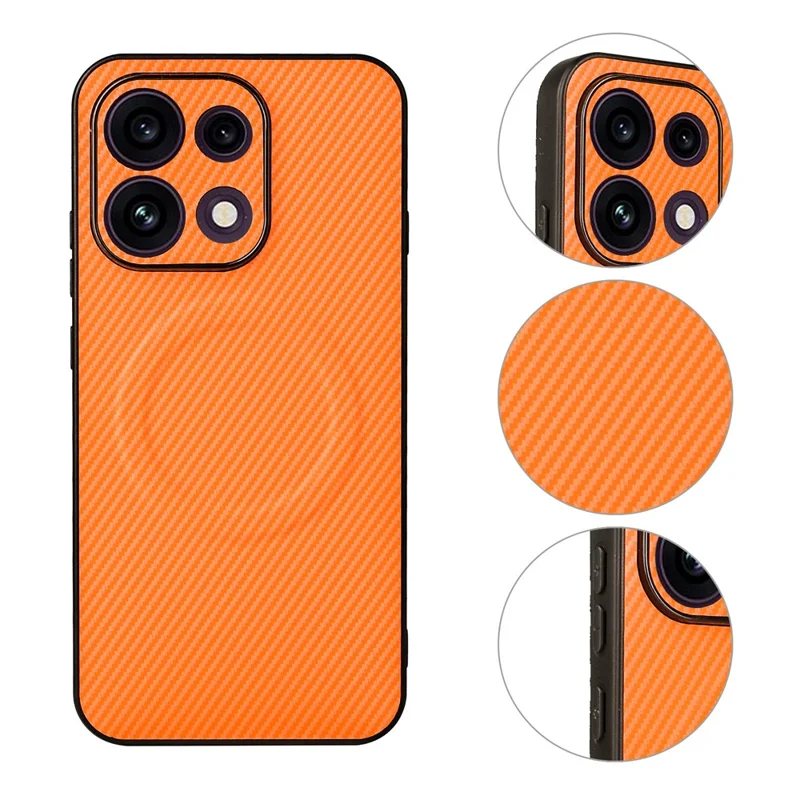 For Oppo Reno16 F 5G  /  Reno16 FS 5G Case Carbon Fiber Texture Leather Coated TPU PC Phone Cover with Metal Ring for Magnetic Car Mount - Orange
