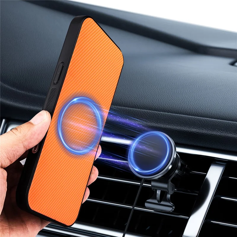 For Oppo Reno16 F 5G  /  Reno16 FS 5G Case Carbon Fiber Texture Leather Coated TPU PC Phone Cover with Metal Ring for Magnetic Car Mount - Orange