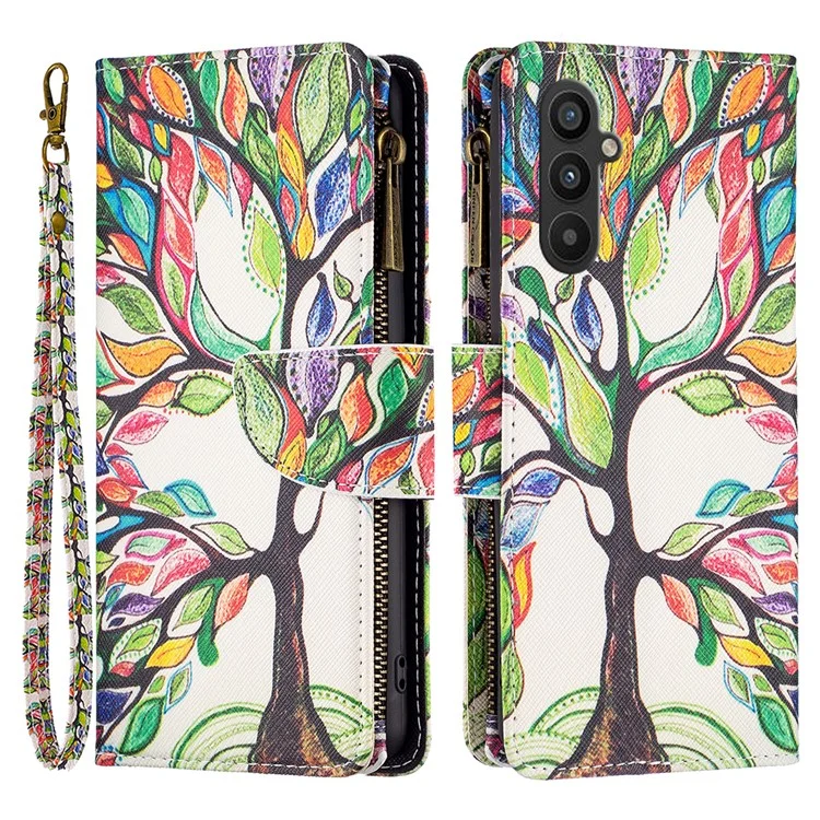 BF Pattern Printing Leather Series-4 für Samsung Galaxy A34 5G Magnetisches Flip-Folio-Brieftaschengehäuse Stil-03 Reißverschluss PU-Leder Ständer Telefonhülle - Lebensbaum