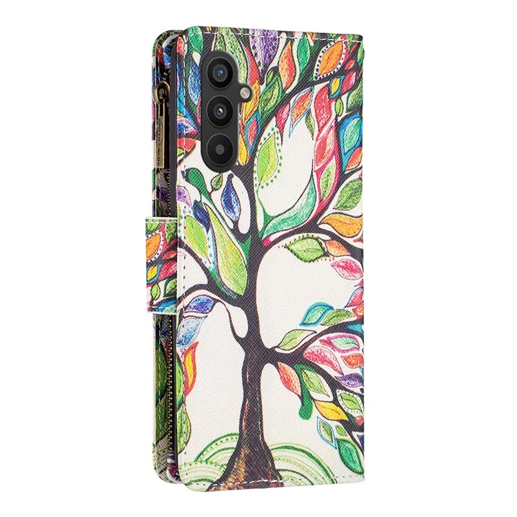 BF Pattern Printing Leather Series-4 für Samsung Galaxy A34 5G Magnetisches Flip-Folio-Brieftaschengehäuse Stil-03 Reißverschluss PU-Leder Ständer Telefonhülle - Lebensbaum