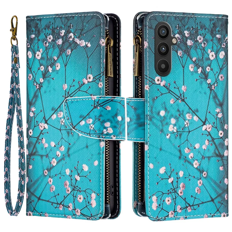For Samsung Galaxy A34 5G Leather Case with Strap Pattern Printing Zipper Wallet Phone Stand Cover - Plum Blossom
