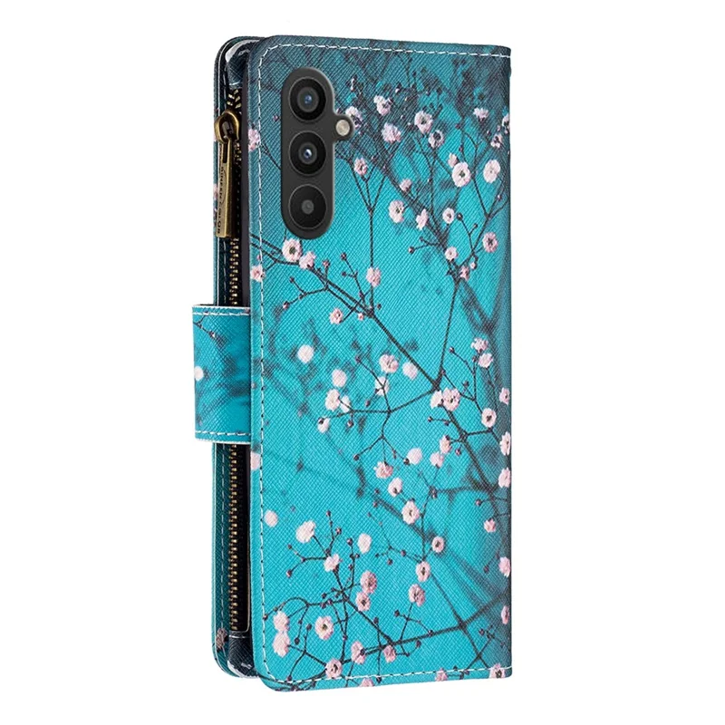For Samsung Galaxy A34 5G Leather Case with Strap Pattern Printing Zipper Wallet Phone Stand Cover - Plum Blossom