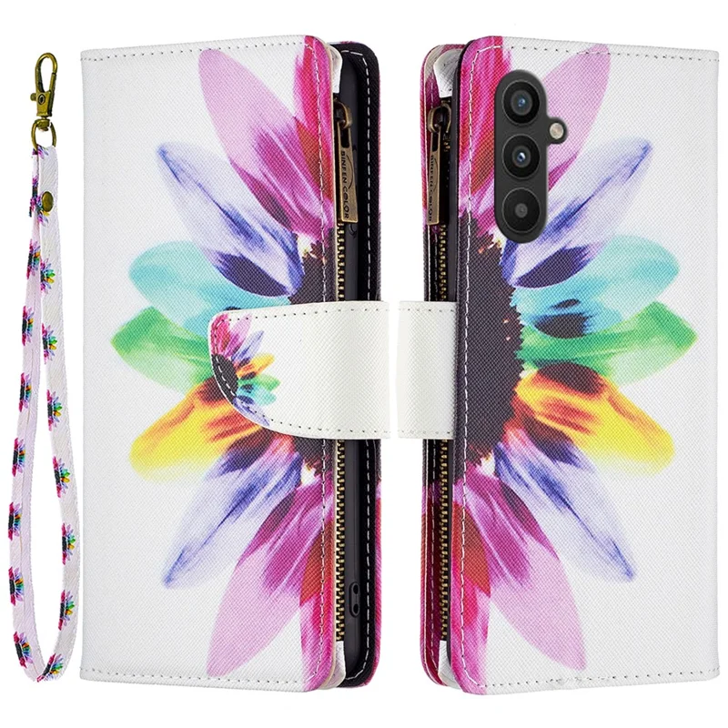 For Samsung Galaxy A34 5G Leather Case with Strap Pattern Printing Zipper Wallet Phone Stand Cover - Sunflower