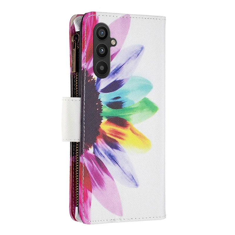For Samsung Galaxy A34 5G Leather Case with Strap Pattern Printing Zipper Wallet Phone Stand Cover - Sunflower