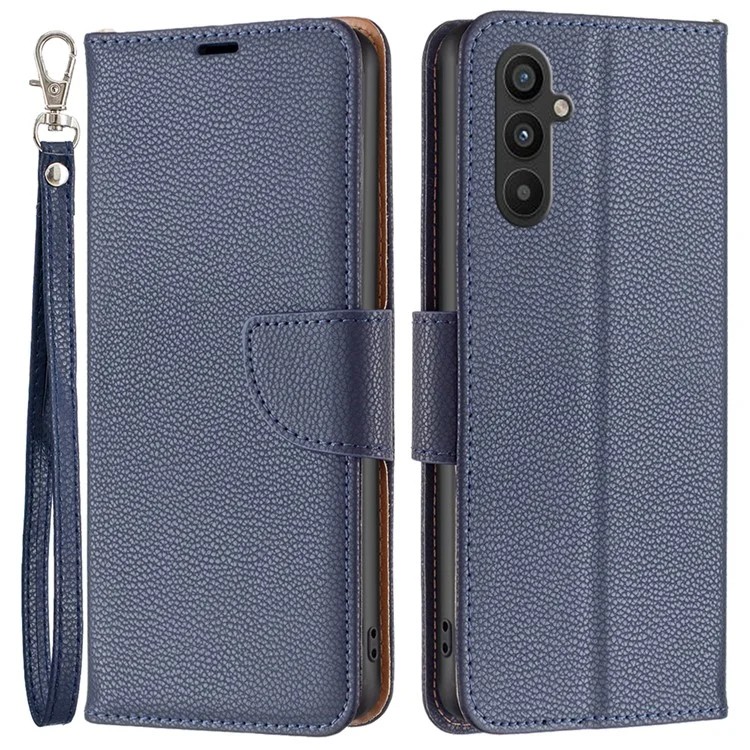 For Samsung Galaxy A34 5G Wallet Case Litchi Texture Flip Leather Mobile Cover Stand with Strap - Dark Blue