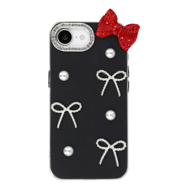 For iPhone 17e / 16e Case Faux Pearl Bow Decor IMD PC+TPU Phone Cover with Rhinestone Camera Frame - Classic Black