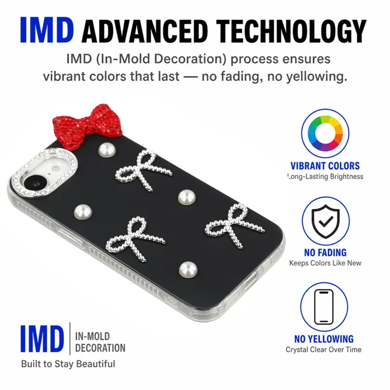 For iPhone 17e / 16e Case Faux Pearl Bow Decor IMD PC+TPU Phone Cover with Rhinestone Camera Frame - Classic Black