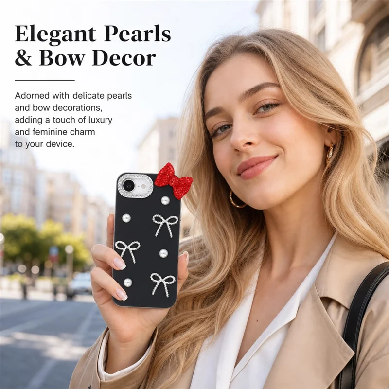 For iPhone 17e / 16e Case Faux Pearl Bow Decor IMD PC+TPU Phone Cover with Rhinestone Camera Frame - Classic Black