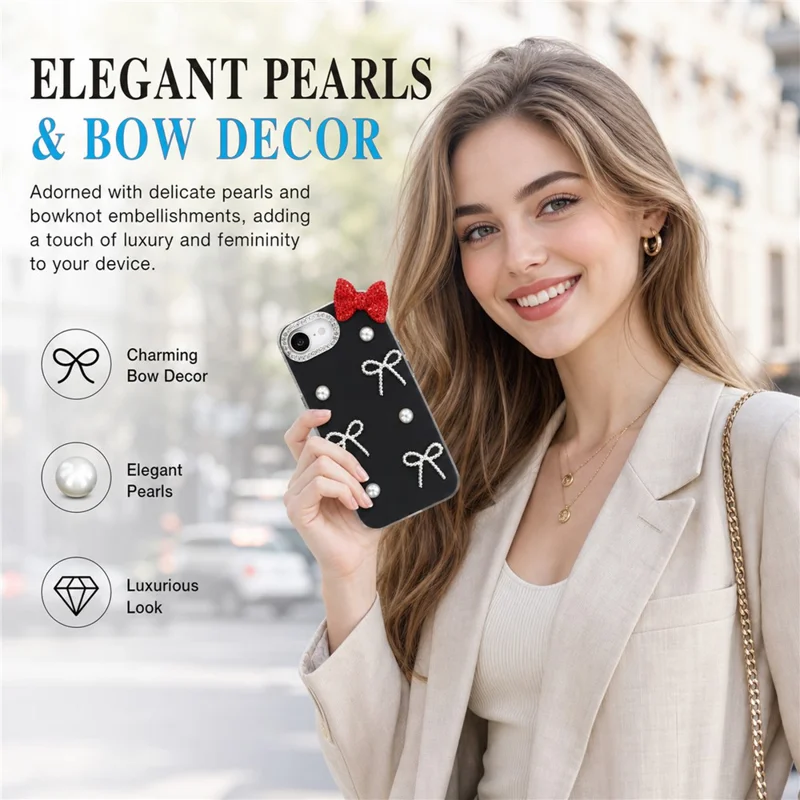 For iPhone 17e / 16e Case Faux Pearl Bow Decor IMD PC+TPU Phone Cover with Rhinestone Camera Frame - Classic Black