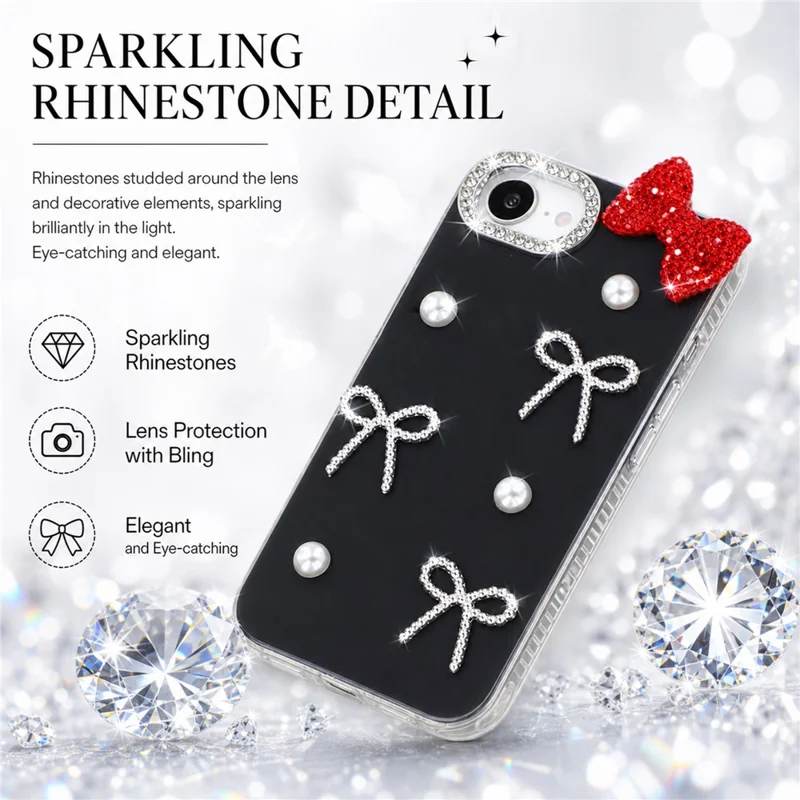 For iPhone 17e / 16e Case Faux Pearl Bow Decor IMD PC+TPU Phone Cover with Rhinestone Camera Frame - Classic Black