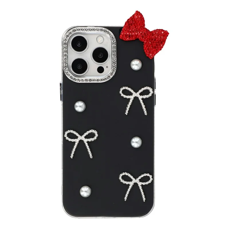 For iPhone 16 Pro Max Case Pearl Bow Decor PC + TPU IMD Phone Cover with Rhinestone Camera Ring - Classic Black