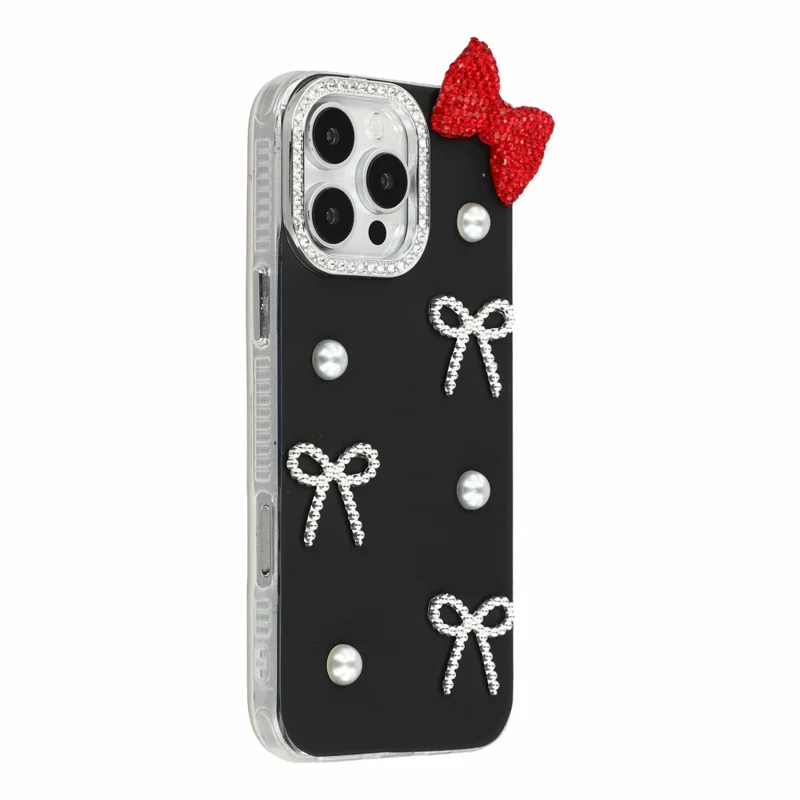For iPhone 16 Pro Max Case Pearl Bow Decor PC + TPU IMD Phone Cover with Rhinestone Camera Ring - Classic Black