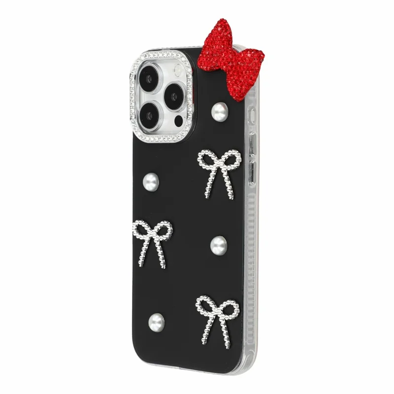 For iPhone 16 Pro Max Case Pearl Bow Decor PC + TPU IMD Phone Cover with Rhinestone Camera Ring - Classic Black