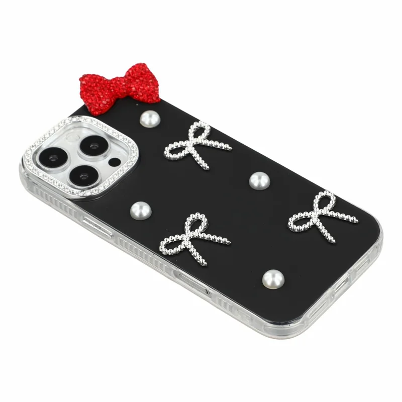 For iPhone 16 Pro Max Case Pearl Bow Decor PC + TPU IMD Phone Cover with Rhinestone Camera Ring - Classic Black