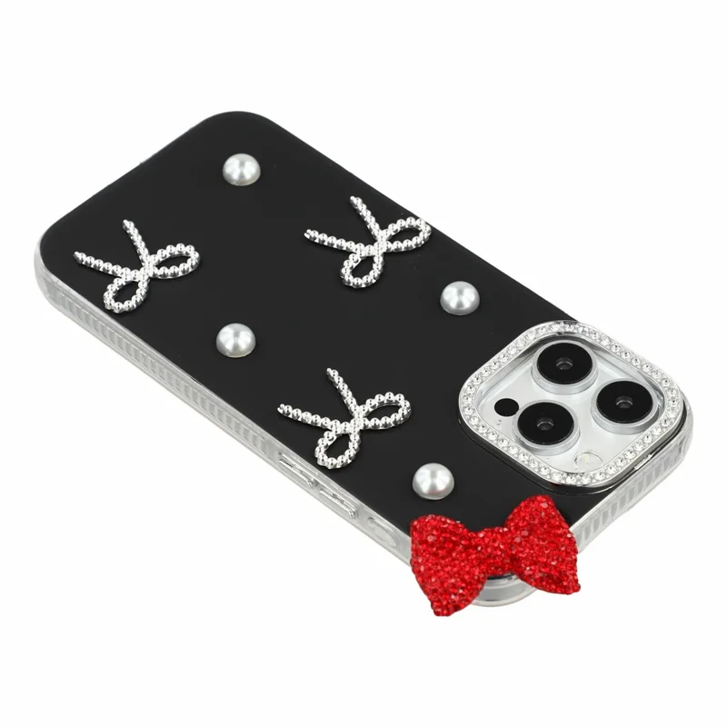 For iPhone 16 Pro Max Case Pearl Bow Decor PC + TPU IMD Phone Cover with Rhinestone Camera Ring - Classic Black
