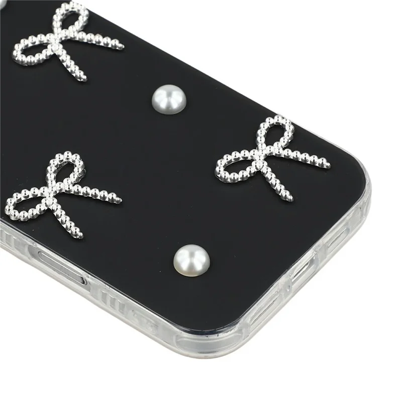 For iPhone 16 Pro Max Case Pearl Bow Decor PC + TPU IMD Phone Cover with Rhinestone Camera Ring - Classic Black