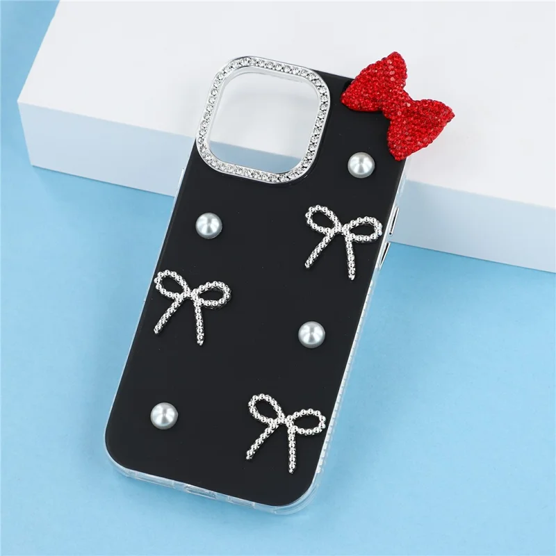 For iPhone 16 Pro Max Case Pearl Bow Decor PC + TPU IMD Phone Cover with Rhinestone Camera Ring - Classic Black