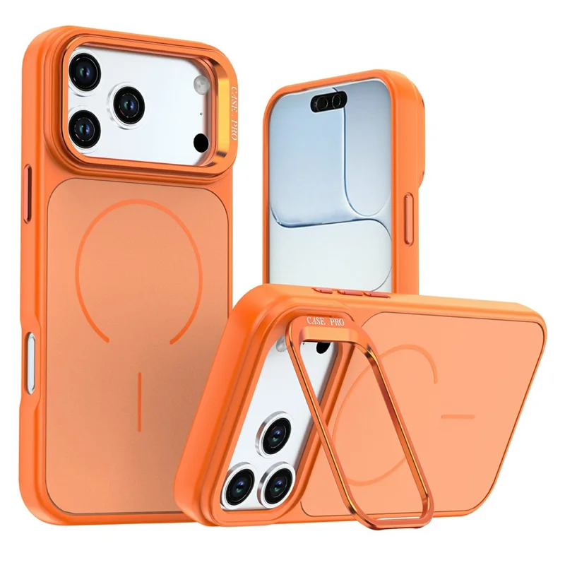 For iPhone 18 Pro / 17 Pro Case Skin-touch PC + TPU Magnetic Phone Cover with Lens Frame Kickstand - Orange