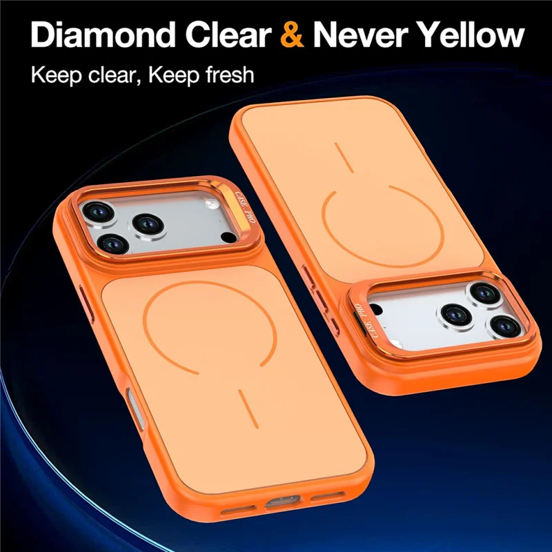 For iPhone 18 Pro / 17 Pro Case Skin-touch PC + TPU Magnetic Phone Cover with Lens Frame Kickstand - Orange