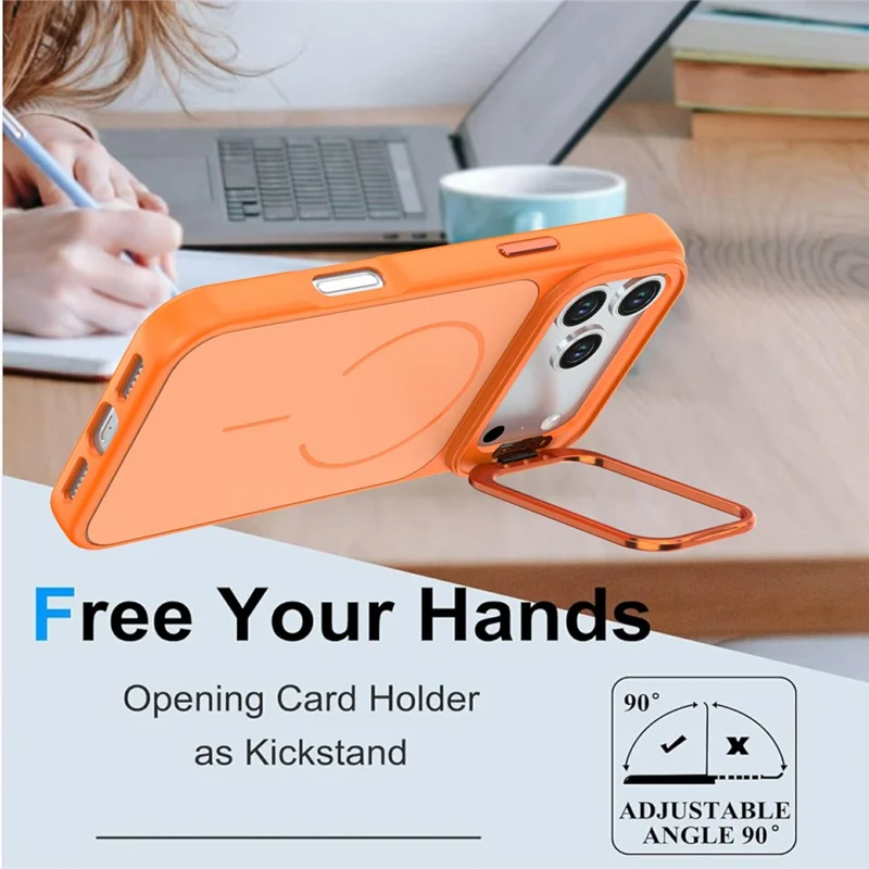 For iPhone 18 Pro / 17 Pro Case Skin-touch PC + TPU Magnetic Phone Cover with Lens Frame Kickstand - Orange