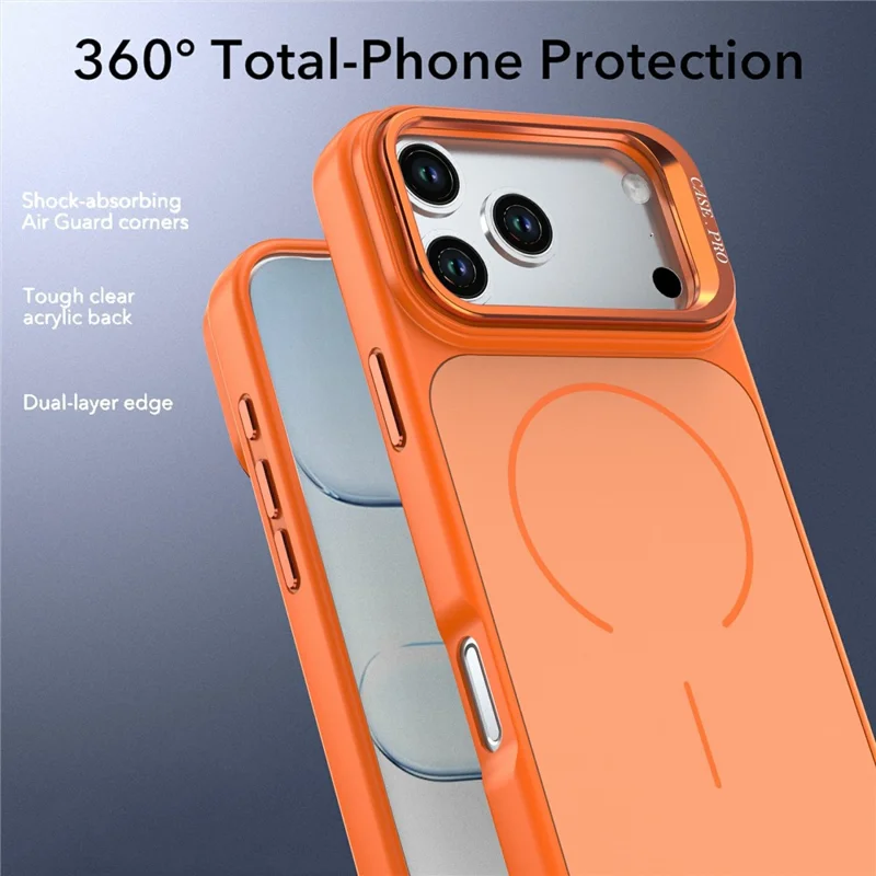 For iPhone 18 Pro / 17 Pro Case Skin-touch PC + TPU Magnetic Phone Cover with Lens Frame Kickstand - Orange