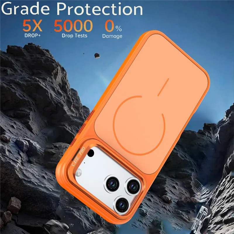 For iPhone 18 Pro / 17 Pro Case Skin-touch PC + TPU Magnetic Phone Cover with Lens Frame Kickstand - Orange