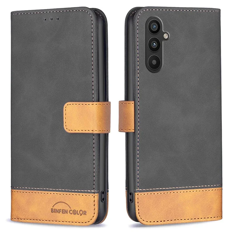 BINFEN COLOR BF Leder Serie-7 für Samsung Galaxy A34 5G Flip Folio Handyhülle Stil 11 Skin Touch PU Leder Komplett Stoßfeste Brieftasche Ständer Farbsplitting Hülle - Schwarz