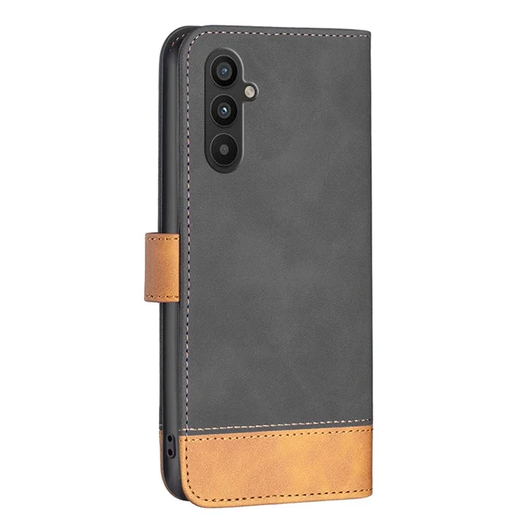 BINFEN COLOR BF Leder Serie-7 für Samsung Galaxy A34 5G Flip Folio Handyhülle Stil 11 Skin Touch PU Leder Komplett Stoßfeste Brieftasche Ständer Farbsplitting Hülle - Schwarz