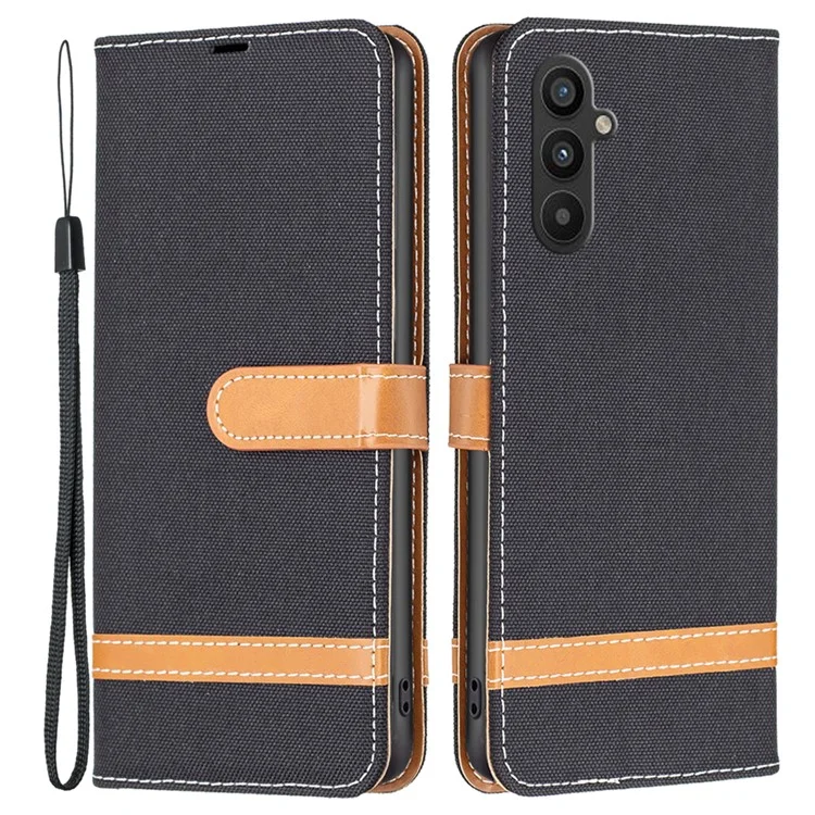 Serie BF Leather-2 para Samsung Galaxy A34 5G Color Splicing Jeans Cloth Texture Flip Folio Cover PU LeatherStand Wallet Phone Case con Correa - Negro