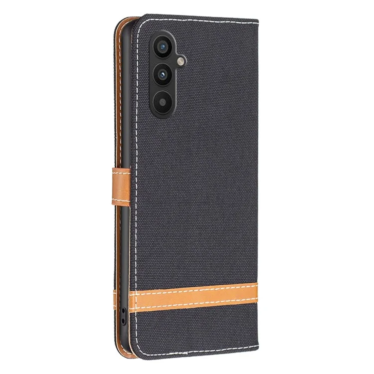 Serie BF Leather-2 para Samsung Galaxy A34 5G Color Splicing Jeans Cloth Texture Flip Folio Cover PU LeatherStand Wallet Phone Case con Correa - Negro