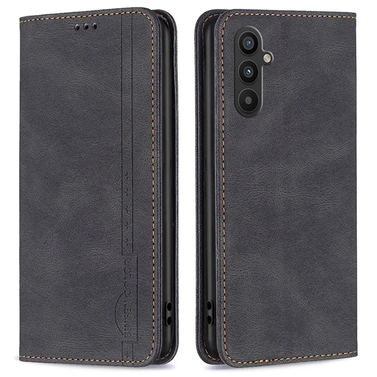 BINFEN COLOR For Samsung Galaxy A34 5G Leather Case Mobile Cover Stand with RFID Blocking Card Holder - Black