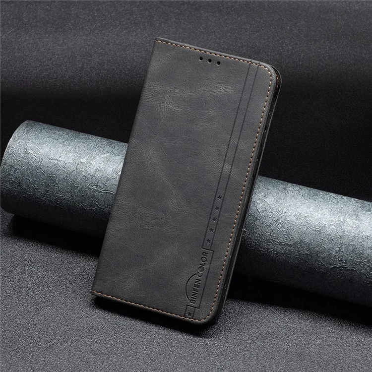 BINFEN COLOR For Samsung Galaxy A34 5G Leather Case Mobile Cover Stand with RFID Blocking Card Holder - Black