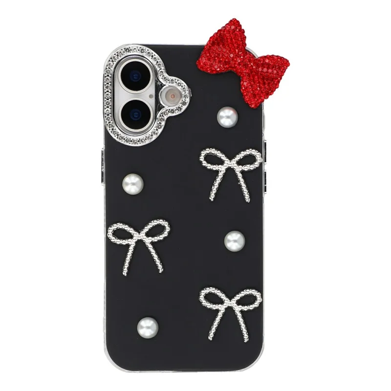 For iPhone 16 Case Pearl Bow Decor PC + TPU IMD Phone Cover with Rhinestone Camera Ring - Classic Black