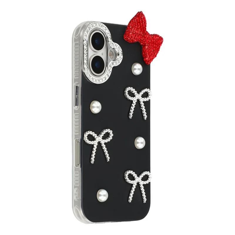 For iPhone 16 Case Pearl Bow Decor PC + TPU IMD Phone Cover with Rhinestone Camera Ring - Classic Black