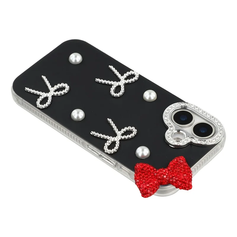 For iPhone 16 Case Pearl Bow Decor PC + TPU IMD Phone Cover with Rhinestone Camera Ring - Classic Black