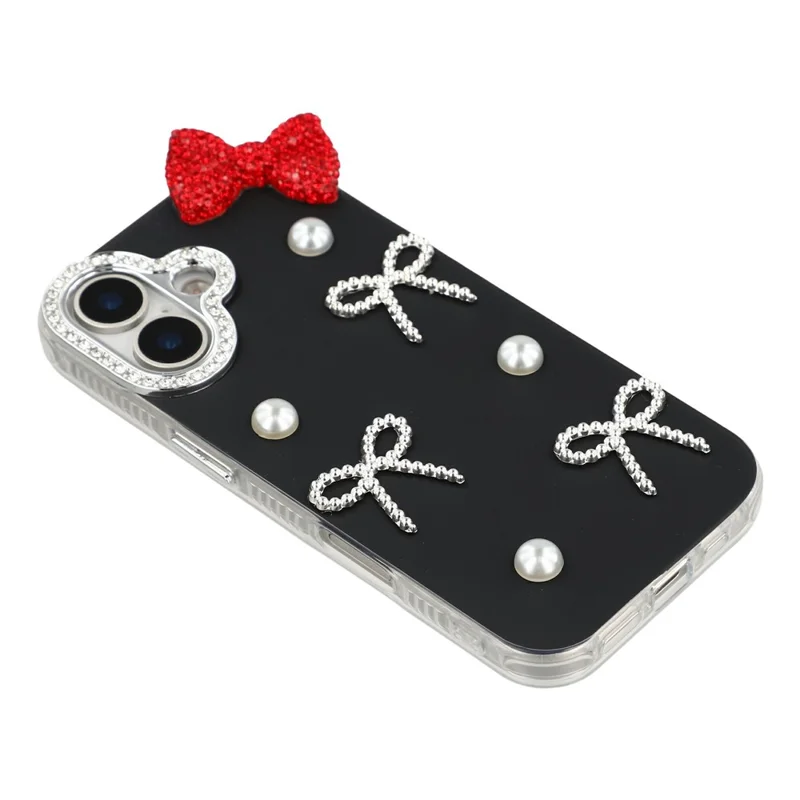 For iPhone 16 Case Pearl Bow Decor PC + TPU IMD Phone Cover with Rhinestone Camera Ring - Classic Black