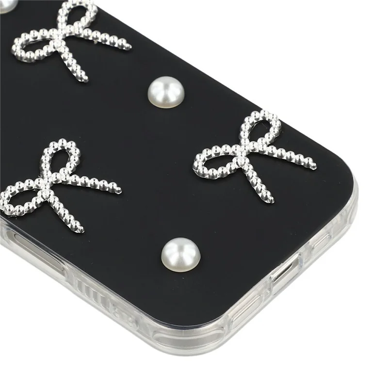 For iPhone 16 Case Pearl Bow Decor PC + TPU IMD Phone Cover with Rhinestone Camera Ring - Classic Black
