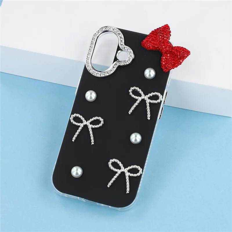 For iPhone 16 Case Pearl Bow Decor PC + TPU IMD Phone Cover with Rhinestone Camera Ring - Classic Black