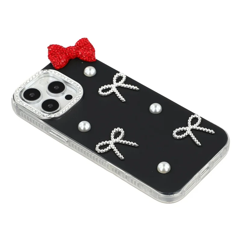 For iPhone 15 Pro Max Case Pearl Bow Decor PC + TPU IMD Phone Cover with Rhinestone Camera Ring - Classic Black
