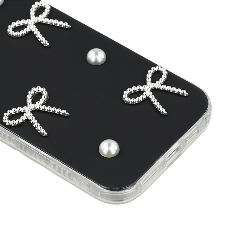 For iPhone 15 Pro Max Case Pearl Bow Decor PC + TPU IMD Phone Cover with Rhinestone Camera Ring - Classic Black