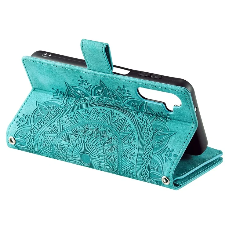 Pour Samsung Galaxy A54 5G PU Leather Mandala Flower Imprinted Handbag Zipper Pocket Case Stand Multiple Card Slots Flip Cover with Strap - Green