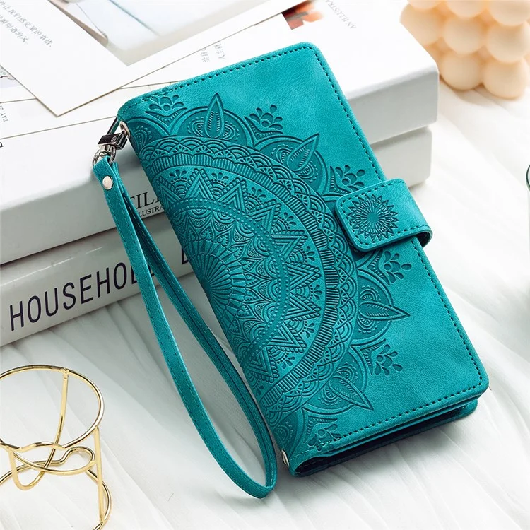 Pour Samsung Galaxy A54 5G PU Leather Mandala Flower Imprinted Handbag Zipper Pocket Case Stand Multiple Card Slots Flip Cover with Strap - Green