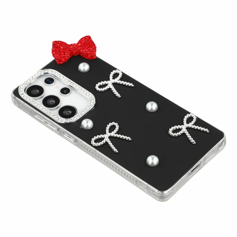 For Samsung Galaxy S24 Ultra Case Pearl Bow Decor PC + TPU IMD Phone Cover with Rhinestone Camera Ring - Classic Black