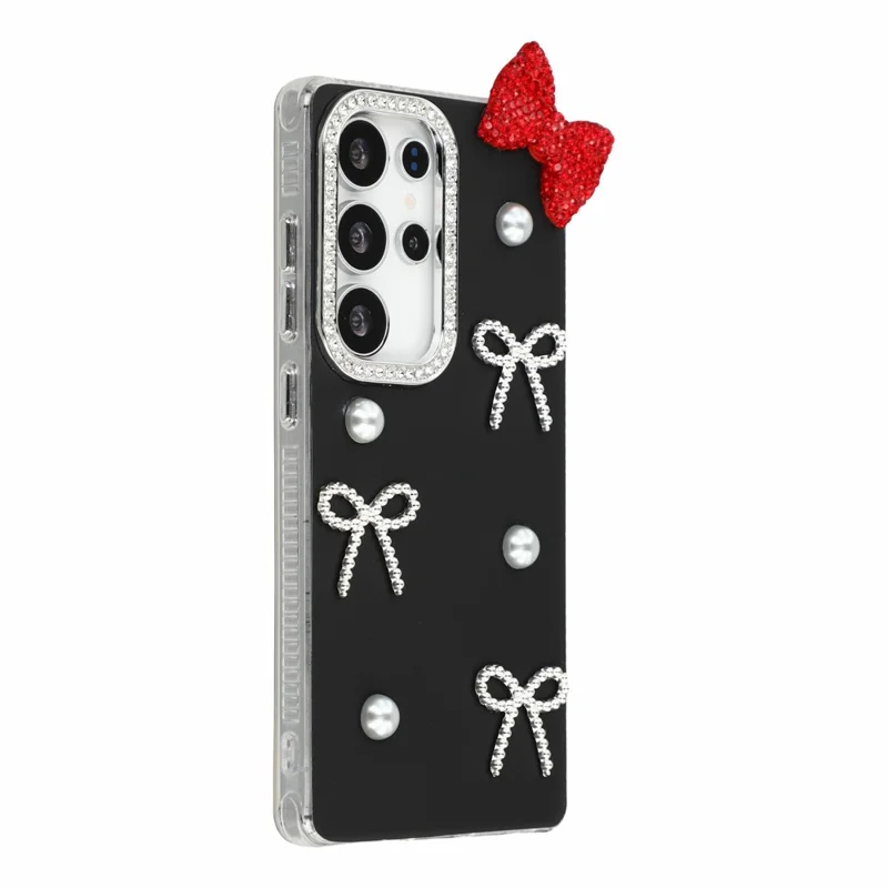 Samsung Galaxy S23 Ultra-hoesje met parel- en strikdecoratie PC + TPU IMD-telefoonhoes met strassstenen cameraring - Klassiek zwart